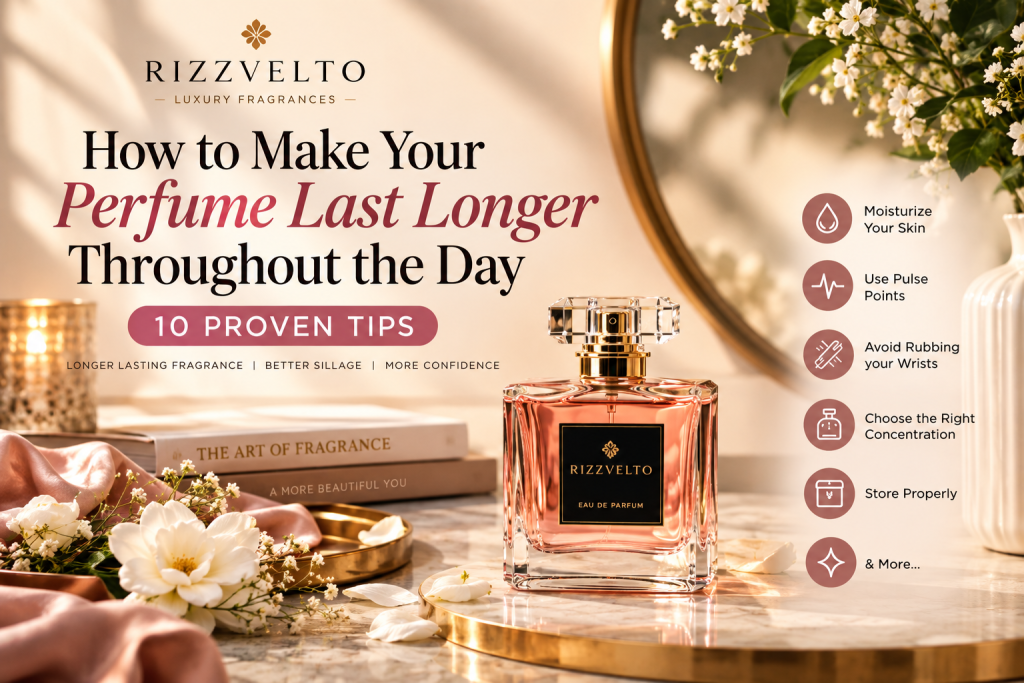 Luxury perfume blog banner featuring a Rizzvelto Eau de Parfum bottle on a marble vanity surrounded by flowers, candles, and elegant decor, with tips on making perfume last longer throughout the day.